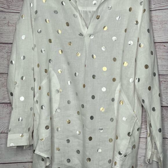 For Cynthia Beach 100% Linen White & Gold Dot Semi Sheer Pullover Size Medium - Picture 8 of 12